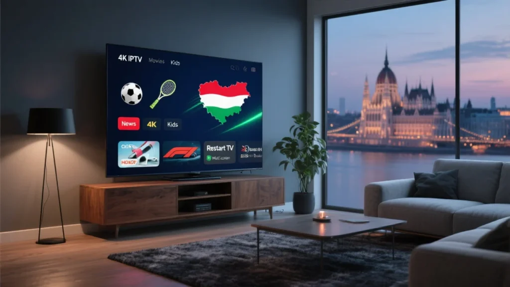 Best IPTV Hungary Service in 2025 hero image: 4K Smart TV with IPTV interface, Hungary red‑white‑green accents, and a softly blurred Budapest skyline at dusk