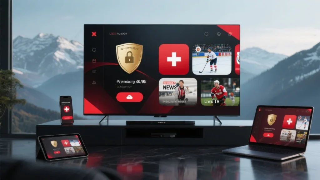 Hero for Best IPTV Switzerland 2025: smart TV and devices with 4K streaming UI, Swiss‑red accents, soccer and ice hockey tiles, Alpine backdrop.
