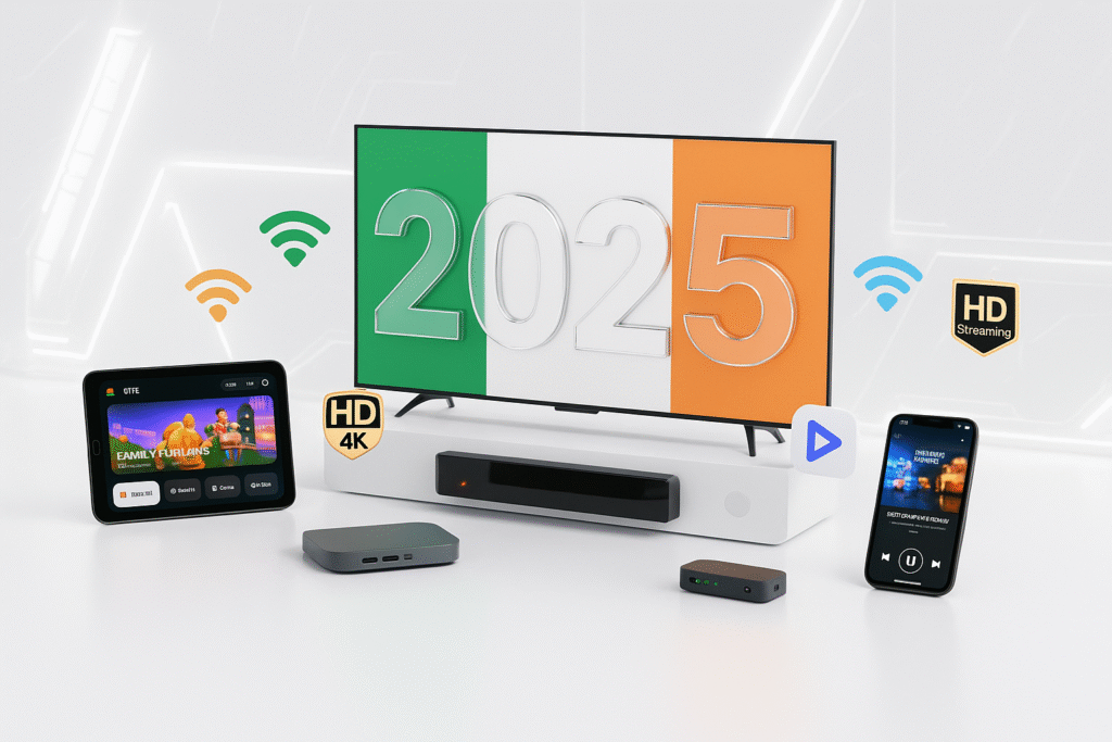 Modern streaming devices including smart TV, tablet and smartphone displaying IPTV Ireland service content with Irish flag colors and 2025 branding for best IPTV Ireland services
