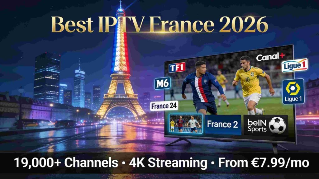 Best IPTV France 2026 banner featuring Eiffel Tower with French TV channels TF1, Canal+, France 2, beIN Sports displayed on smart TV screen with pricing and features