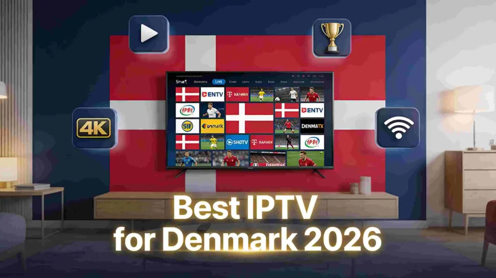 Best IPTV for Denmark 2026 — Smart TV streaming Danish channels with Danish flag in modern Nordic living room