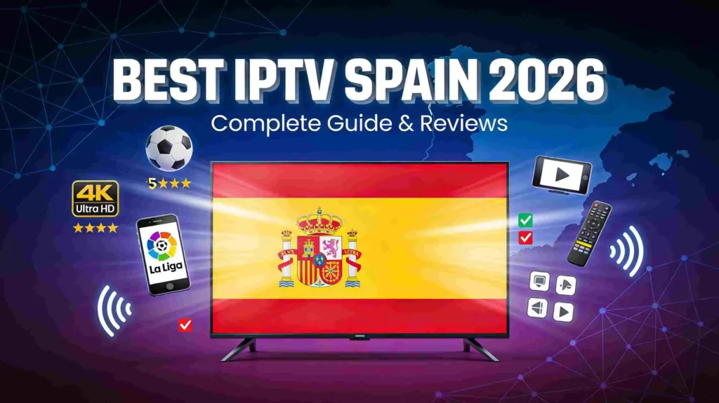 Best IPTV Spain 2026 featured image showing modern TV with streaming icons, La Liga football, 4K badge and Spanish flag colors
