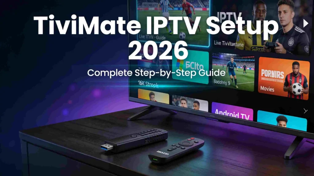 TiviMate IPTV setup 2026 guide showing channel interface on smart TV with Firestick remote