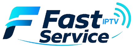 Fast IPTV Service logo in deep navy with “IPTV” in bright electric blue and gradient signal waves and swoosh on a transparent background.