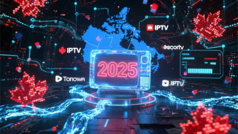 Futuristic digital illustration showing holographic smart TV with streaming data flows, Canadian IPTV provider logos, pixelated maple leaves, neon 2025 text, and digital map of Canada with fiber optic network connections for Best IPTV Canada Service Providers 2025 blog post"