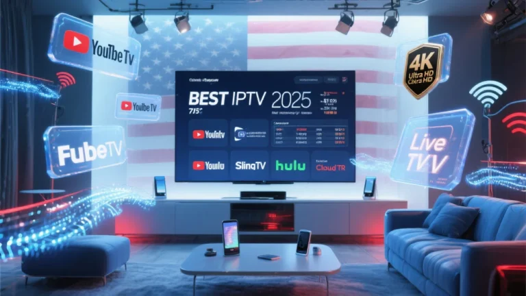 Premium living room with smart TV displaying IPTV streaming services, holographic screens showing "Best IPTV USA 2025" comparison data, American flag backdrop