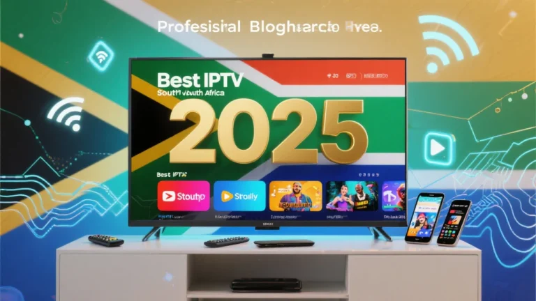 Best IPTV South Africa Service Providers 2025 blog header featuring modern smart TV displaying streaming channels with South African flag colors, mobile devices, and digital connectivity graphics