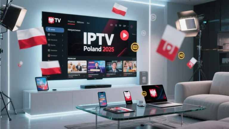 Modern IPTV Poland streaming setup 2025 showing smart TV and multiple devices displaying Polish TV channels with IPTV Poland 2025 text overlay