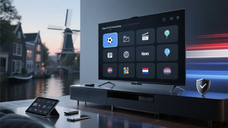 Smart TV IPTV UI with Amsterdam skyline and Dutch flag colors, multi‑device streaming; legal, buffer‑free — IPTV Netherland 2025.