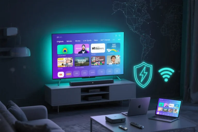 Best IPTV Peacock service in 2025 banner showing a sleek living room with ultra‑thin smart TV, generic IPTV UI, synced devices, and peacock‑gradient neon lighting.