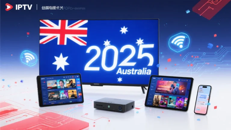 Modern blog header image showing streaming devices (smart TV, tablet, smartphone) with Australian flag colors, WiFi signals, and "2025" text for Best IPTV Australia Service Providers article