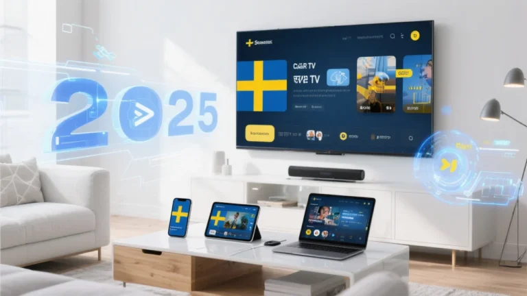 Modern Swedish IPTV streaming setup 2025 showing smart TV and multiple devices with Swedish flag colors displaying streaming content for best IPTV Sweden service providers