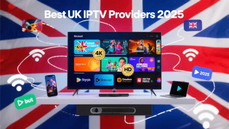 Best UK IPTV Service Providers 2025 blog header featuring modern smart TV displaying streaming channels with UK flag colors, 4K HD quality badges, and multiple connected devices including smartphone tablet and laptop