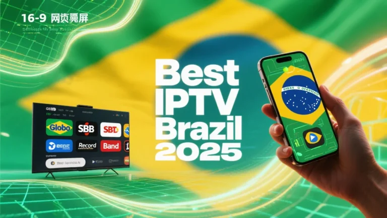 16:9 banner showing a modern Smart TV and a hand-held smartphone against a vibrant green-to-yellow Brazilian flag background, with Brazilian channel logos on the screens and bold white text overlay reading “Best IPTV Brazil 2025