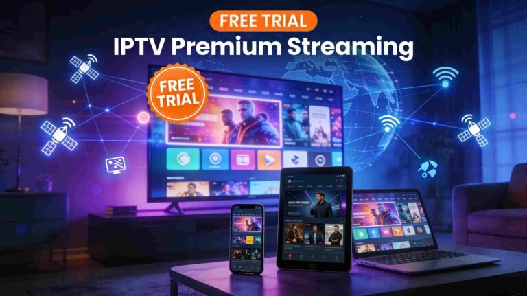 Best Free IPTV trial 2025 - Multi-device streaming service showing smart TV, smartphone, tablet and laptop with live channels and premium content