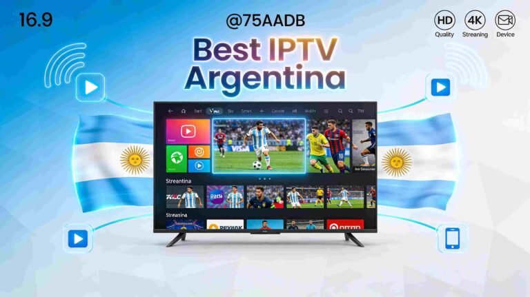 Best IPTV Argentina 2025 - Modern streaming service with smart TV, HD channels, and Argentina flag colors