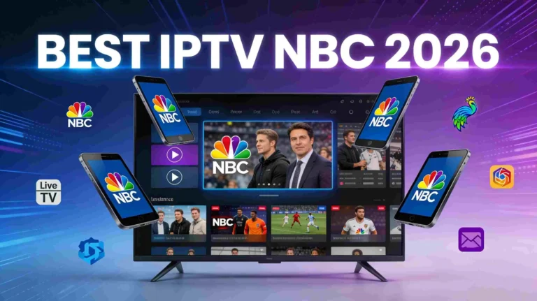 Best IPTV NBC streaming services 2026 showing smart TV with NBC peacock logo, multiple streaming devices, and digital interface elements