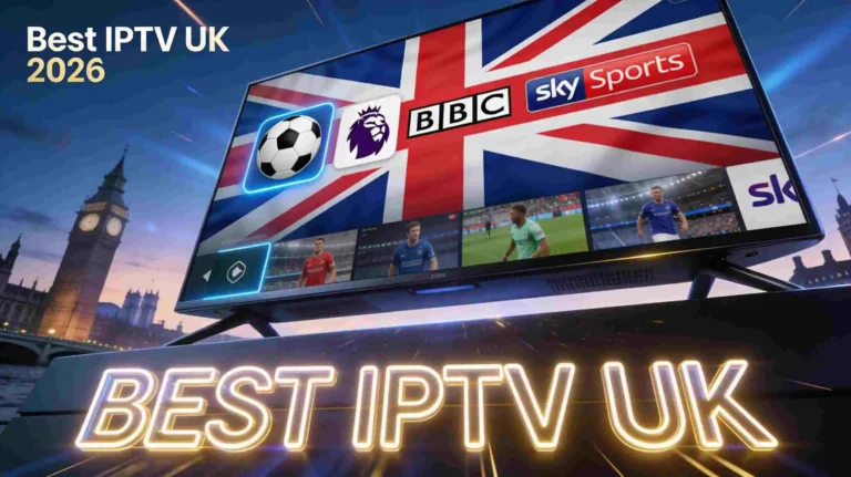 Best IPTV UK services 2026 featured image with smart TV displaying British flag Premier League Sky Sports streaming channels
