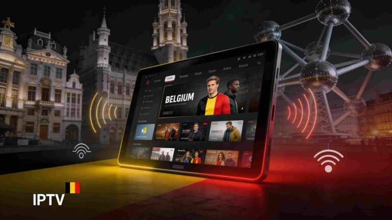 Best IPTV Belgium streaming service on smart TV with Belgian flag colors and Atomium landmark