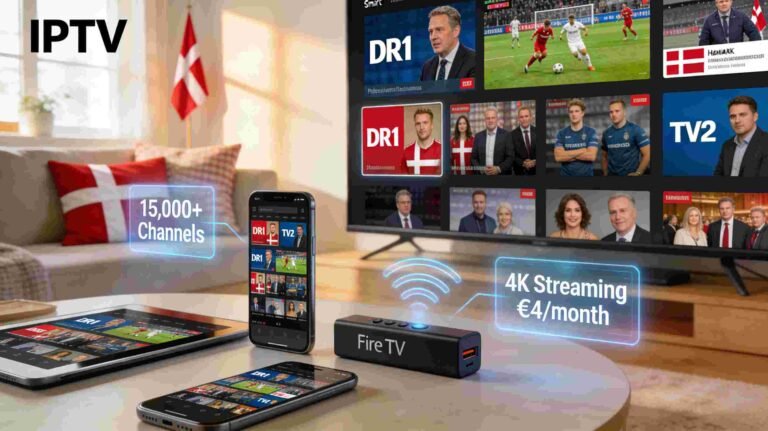 Best IPTV Denmark 2026 streaming setup with Smart TV, Fire Stick, and mobile devices showing Danish channels DR1 and TV2