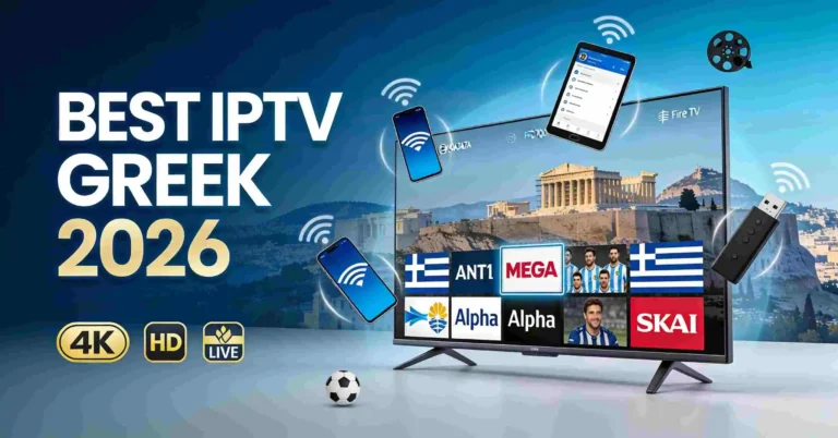 Best IPTV Greek 2026 featuring smart TV displaying ANT1, MEGA, Alpha channels with Greek flag colors, multiple streaming devices, and 4K HD quality badges