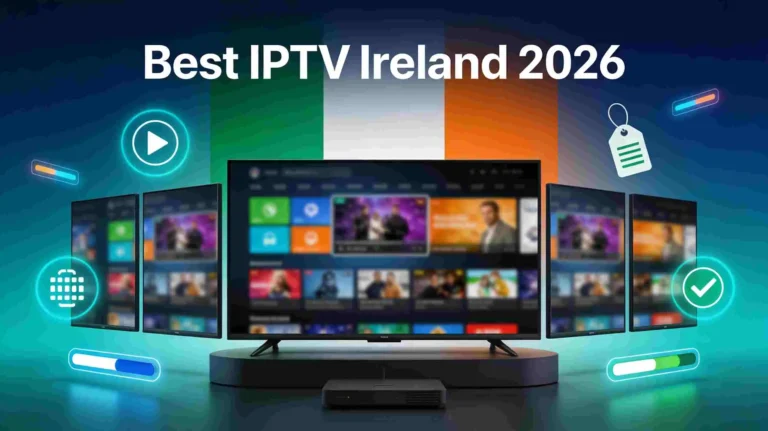 Best IPTV Ireland 2026 - Home entertainment setup showing Smart TV with streaming channels, colorful content display, Irish flag colors, and modern streaming technology icons