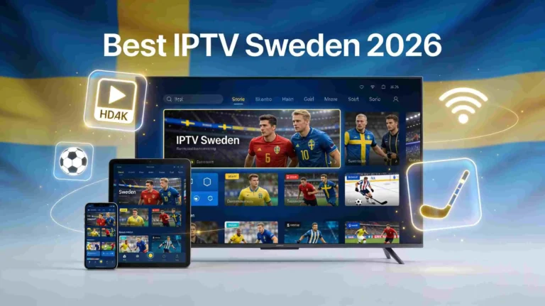 Best IPTV Sweden 2026 - Modern smart TV, smartphone and tablet displaying streaming channels with Swedish flag colors, HD 4K quality badges, and sports icons for Allsvenskan and SHL hockey