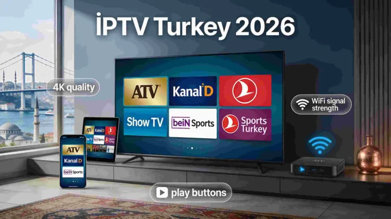 Best IPTV Turkey 2026 smart TV displaying Turkish channels ATV Kanal D Show TV beIN Sports with multi-device streaming on smartphone and tablet in modern living room with Istanbul skyline