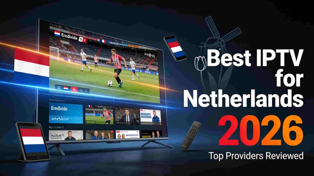 Best IPTV for Netherlands 2026 — Smart TV showing Dutch channels with multi-device support and Netherlands flag colors