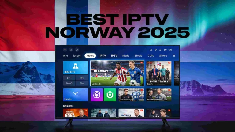 Best IPTV Norway 2025 - Smart TV displaying streaming channels with Norwegian flag and northern lights background