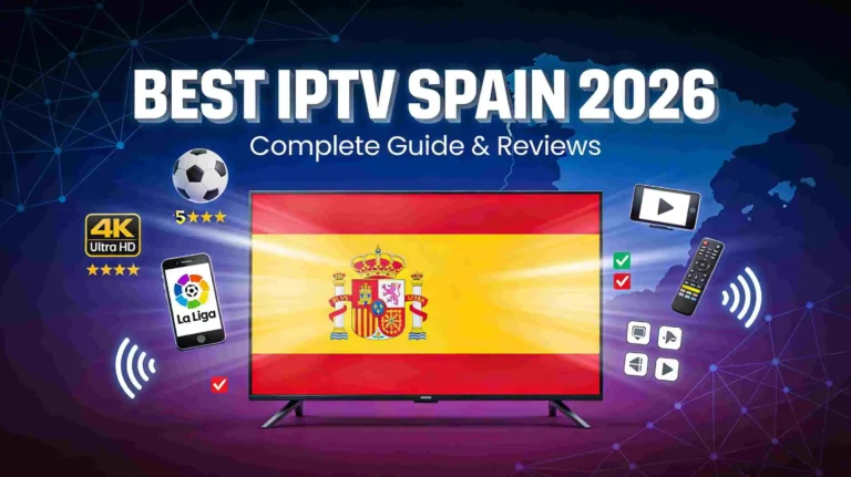 Best IPTV Spain 2026 featured image showing modern TV with streaming icons, La Liga football, 4K badge and Spanish flag colors