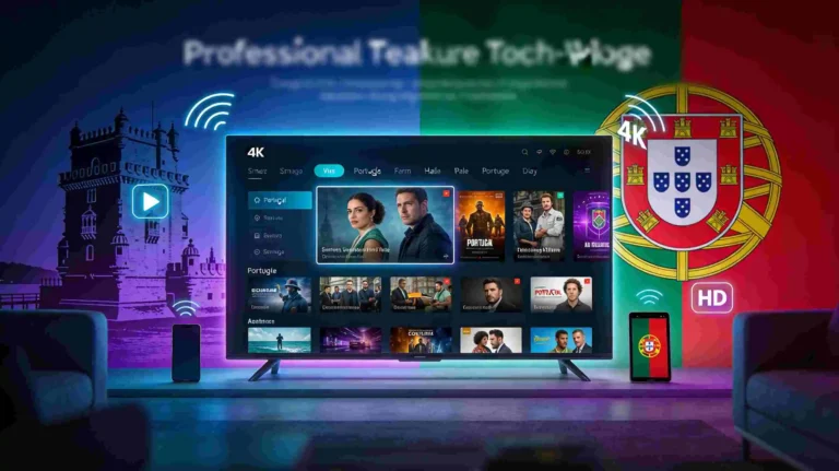 Best IPTV Portugal 2026 streaming on 4K smart TV with multiple channels and Portuguese flag colors in modern living room