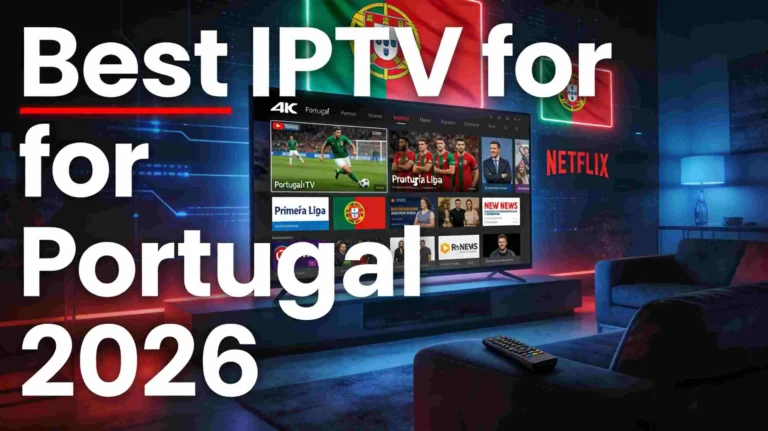 Best IPTV for Portugal 2026 - Smart TV displaying Portuguese channels in a modern living room