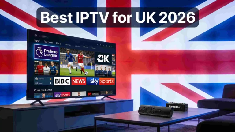 Best IPTV for UK 2026 — Smart TV streaming setup in a modern UK living room with 4K channels