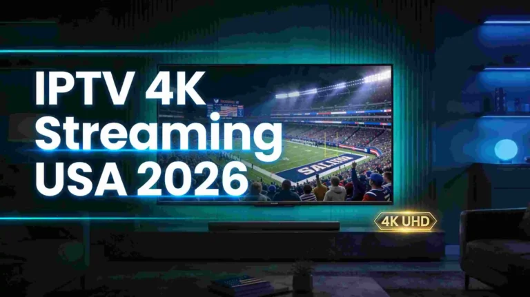 IPTV 4K streaming USA 2026 — ultra HD television displaying live sports on a sleek smart TV in a modern American living room