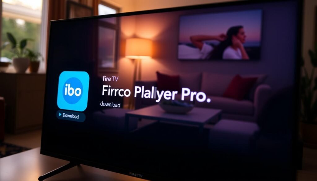 A Fire TV screen displaying the IBO Player Pro download listing, presented in vivid detail. In the foreground, the screen prominently shows the IBO Player Pro icon with an active download status, radiating a soft, glowing light to emphasize its digital nature. The middle layer features a cozy living room setting, with a modern coffee table and an inviting sofa, hinting at a relaxed viewing experience. The background is softly blurred to suggest depth, with warm ambient lighting creating a comfortable atmosphere. The angle is slightly tilted, capturing both the screen and a view of the room, inviting the viewer into the scene. The color palette is warm and inviting, enhancing the mood of a home entertainment space.