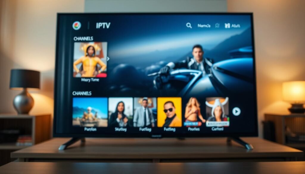 A close-up view of a sleek media player interface displaying an IPTV playlist with various channels. The foreground features elegant channel icons, each vivid and distinct, arranged in a user-friendly grid layout. The middle ground includes a prominent screen with a modern design, showing a selected channel with high-definition video playback. The background has a soft gradient, hinting at a cozy living room ambiance, subtly lit to create a warm and inviting atmosphere. Use natural, soft lighting, simulating the glow from the screen, enhancing the tech-savvy vibe. The overall mood is contemporary and professional, perfect for illustrating advanced streaming features. No text, logos, or watermarks present in the image.