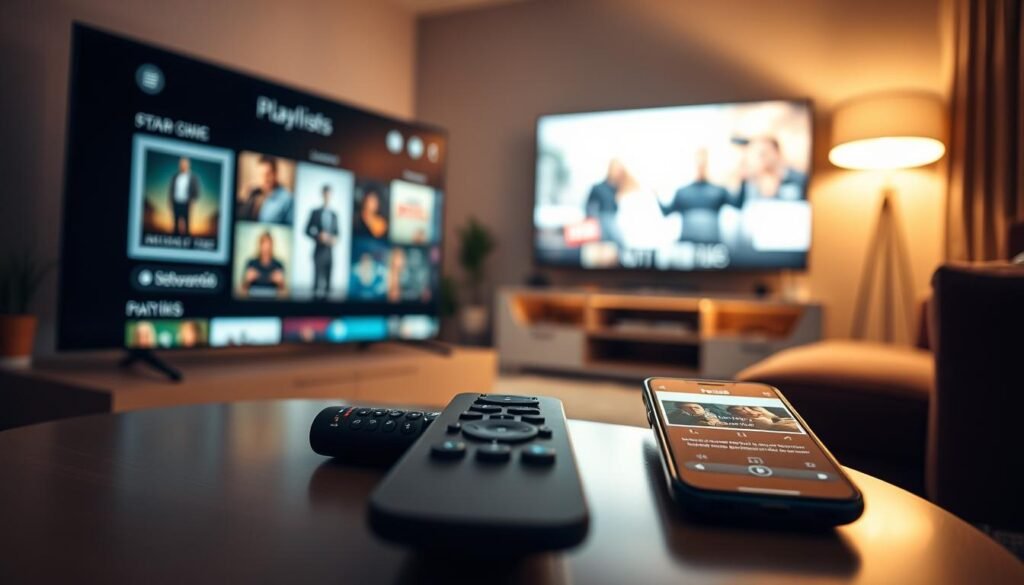 A close-up view of a streaming device interface displaying an IPTV playlist paused, indicating a weak internet connection. The screen shows vibrant thumbnails of shows and movies, with a prominent pause icon in the center. In the foreground, a sleek remote control lies on a modern coffee table, next to it a smartphone displaying network status. The middle ground features a cozy living room with a warm, inviting atmosphere, illuminated by soft ambient lighting from a nearby lamp. In the background, a blurred television screen casts a soft glow, showcasing related content. The overall mood is one of slight frustration mixed with comfort, emphasizing the interruption in streaming. The perspective should be at a slightly angled view, utilizing a shallow depth of field for a focused and immersive effect.