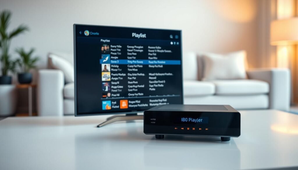 A detailed depiction of an M3U playlist displayed prominently on a sleek digital screen, set beside an IBO Player media player. In the foreground, focus on the playlist, showcasing colorful icons and file names arranged neatly in a user-friendly interface. The middle ground features the IBO Player, characterized by its modern design and illuminated buttons, emphasizing its functionality. The background includes a subtle, blurred living room setting, bathed in soft, warm lighting to create a comfortable atmosphere. Use a slight angle to capture both the playlist and the player dynamically, highlighting their compatibility. Aim for a professional yet inviting mood, suitable for a tech-oriented audience.
