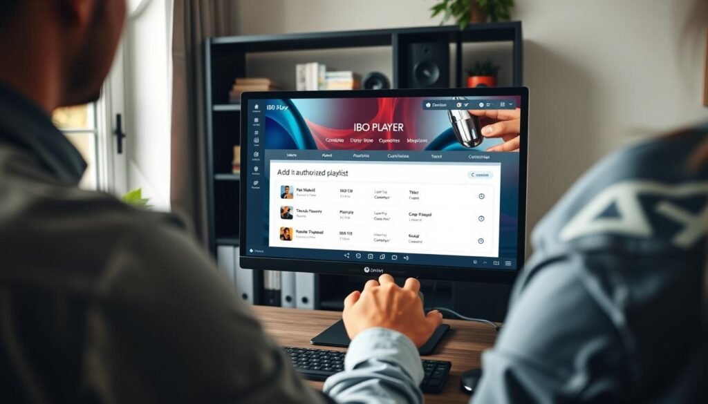 A modern home office setup, showcasing a sleek computer displaying the IBO Player interface with an open section to add an authorized playlist. In the foreground, a person in business casual attire, focused and engaged, is using a mouse to interact with the screen. The middle layer features the computer screen, vividly illustrating the IBO Player dashboard, with vibrant colors highlighting the playlist options. The background shows a well-organized workspace, with a bookshelf containing tech books and a small potted plant for a touch of greenery. Soft, natural lighting filters through a window, creating a warm and inviting atmosphere, while the camera angle captures a slight top-down view to emphasize the user’s engagement with the technology.