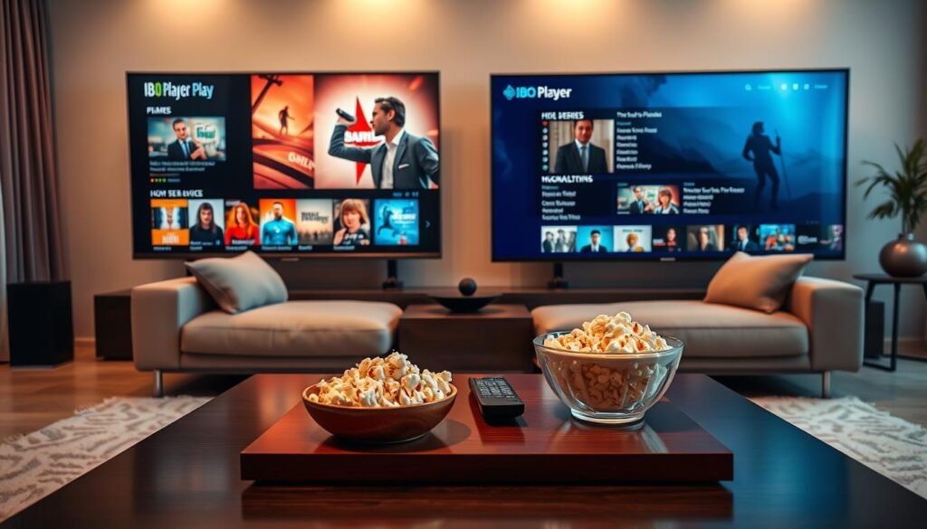 A modern living room featuring a large flat-screen television displaying the IBO Player interface on one side, showcasing vibrant thumbnails of films and series. On the opposite side of the screen, a separate playlist service interface is visible, highlighting its latest content. In the foreground, a stylish coffee table holds a remote and a bowl of popcorn, enhancing the home entertainment vibe. The room is softly lit with warm, inviting tones, creating a cozy atmosphere. The focus is on the television screens, captured from an eye-level angle to emphasize the user experience. The background features a contemporary sofa and tasteful décor, ensuring a professional yet relaxed environment, devoid of any people or distracting elements.
