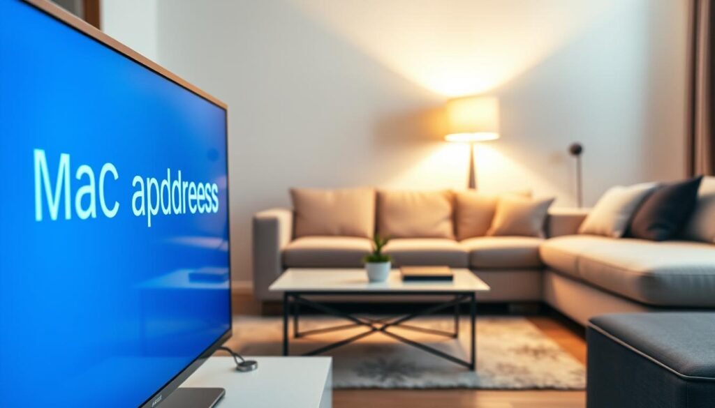 A modern living room setting with a sleek television screen prominently displaying a MAC address on a digital interface. The foreground features the television with a soft blue glow emanating from the screen, which showcases a clear and elegant font for the MAC address. In the middle, a stylish coffee table with minimalistic decor, perhaps including a small plant or a remote control, complements the scene. The background reveals a cozy couch with neutral tones and a decorative lamp providing warm, ambient lighting. The overall atmosphere is contemporary and tech-savvy, emphasizing a sense of readiness for streaming, while ensuring an inviting home environment. The perspective is slightly angled to highlight the screen effectively, creating a dynamic and engaging composition.