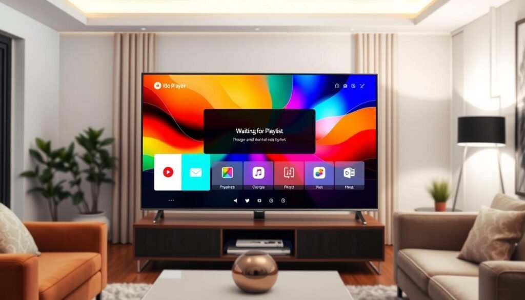 A modern, sleek IBO Player app screen displayed on a Smart TV, showing a vibrant, colorful background with a central focus on a "Waiting for Playlist" notification. The foreground features the app's user interface with distinct symbols and buttons for navigation. In the middle ground, the television is placed in a stylish living room setting, surrounded by comfortable furniture and soft ambient lighting, creating a cozy atmosphere. The background includes a subtle glimpse of the room’s decor, enhancing the homey feel without distracting from the main subject. The mood is relaxed and inviting, conveying a seamless user experience. The angle is slightly above eye level, capturing the television screen effectively while eliminating any text or branding elements.