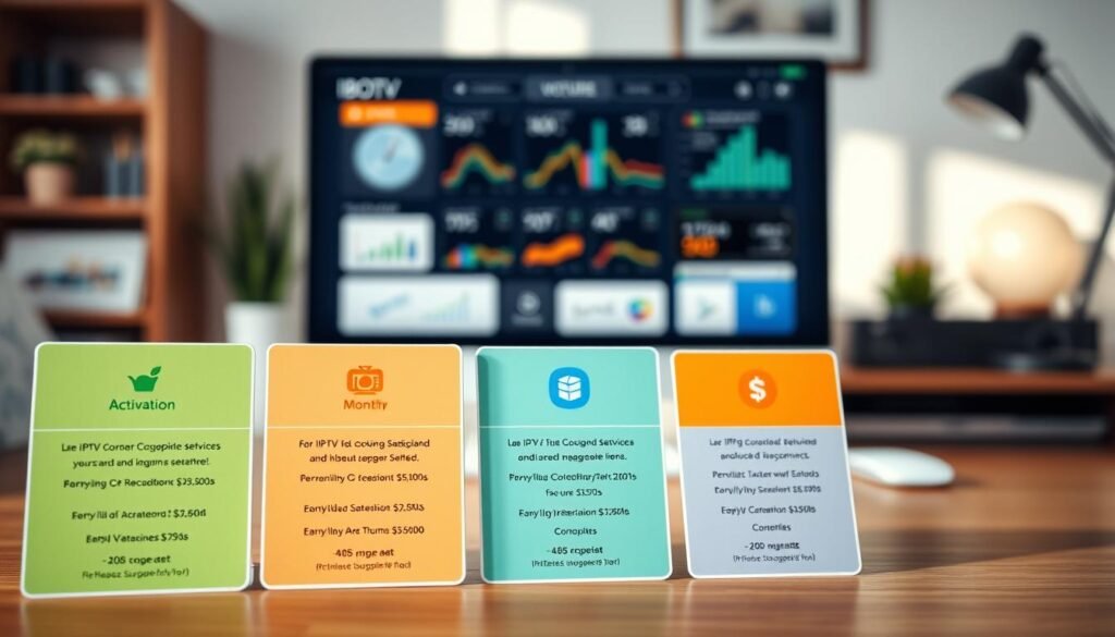 A modern, sleek digital interface displaying various IPTV subscription plans. In the foreground, colorful cards representing different subscription options for IBO Player, with distinct icons for activation terms and monthly pricing. Each card is designed with a clean, minimal aesthetic; some feature green for budget-friendly options, while others use blue and orange for premium features. In the middle ground, a blurred computer screen showcasing charts and graphs analyzing the plans. The background includes a softly lit home office setting, emphasizing a professional environment. Soft, natural lighting enhances the atmosphere, creating a sense of clarity and focus. The overall mood is informative and engaging, ideal for a discussion on streaming features and costs.