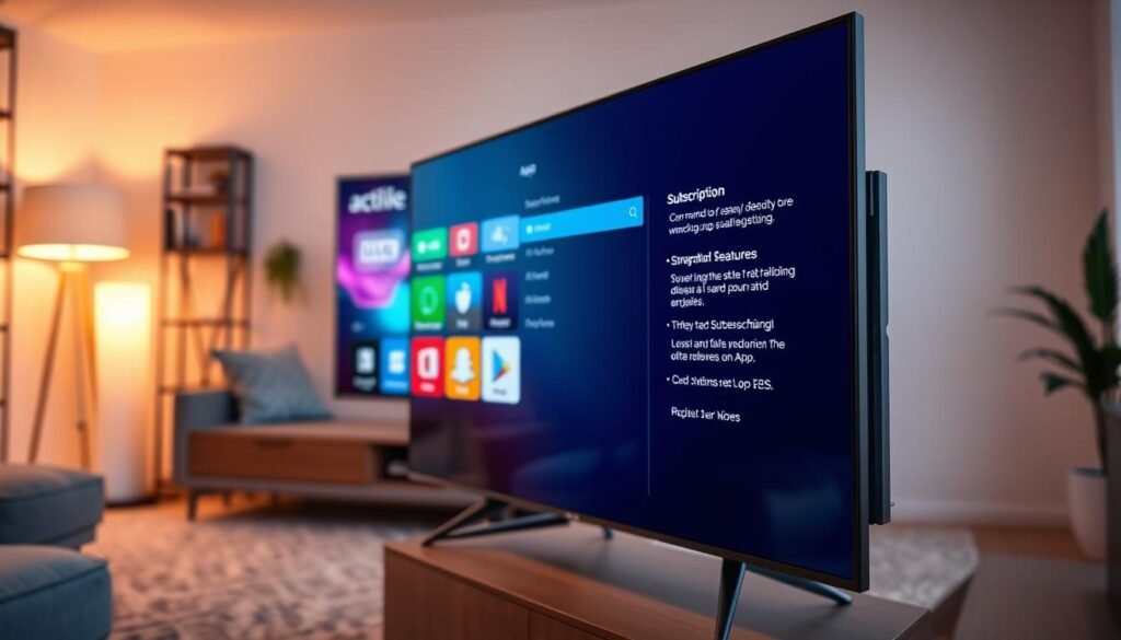 A modern television app activation screen displayed prominently in the foreground, showcasing colorful icons and a user-friendly interface. On the side, detailed subscription options highlighted with bullet points outlining features and costs. The screen emits a soft, vibrant glow, suggesting interactive technology. In the middle ground, a sleek, minimalist living room setting featuring a stylish TV stand, a comfortable couch with decorative cushions, and soft ambient lighting creating a cozy atmosphere. In the background, a subtle blurred view of a bookshelf and some indoor plants adds depth. The image is captured with a wide-angle lens, emphasizing a warm and inviting mood, ideal for showcasing streaming features in a contemporary home environment.