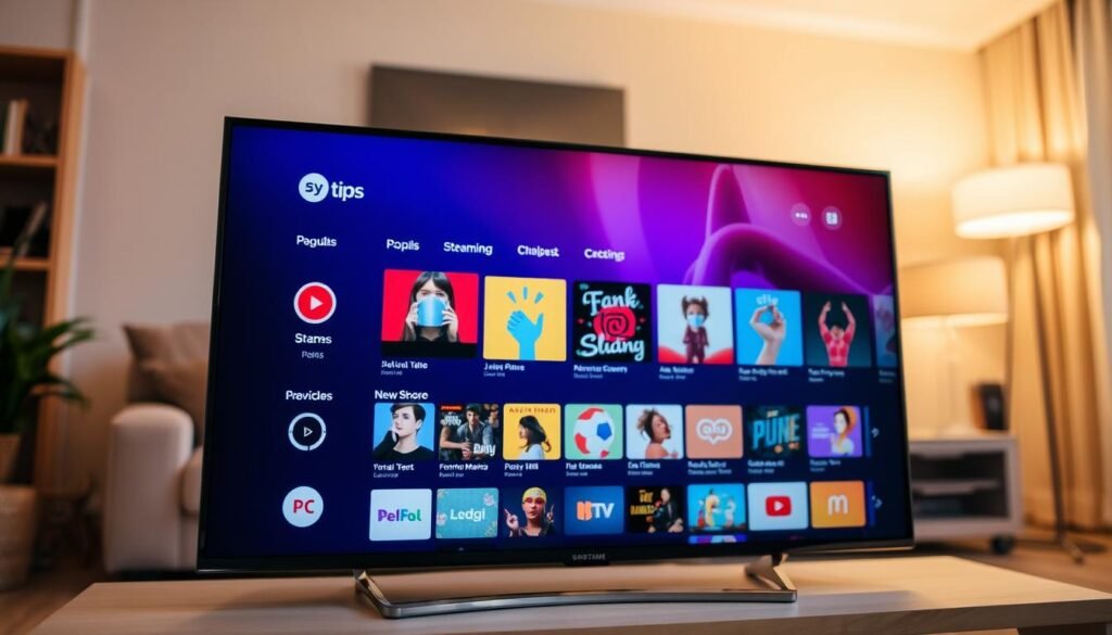 A modern television screen displaying an app store interface, highlighted in the foreground with vibrant icons and clear listings for various apps. The middle layer features a sleek design, showcasing popular streaming apps with colorful thumbnails and user ratings. The background is a softly blurred living room setting with ambient lighting, creating a cozy atmosphere. The scene is illuminated by warm light, enhancing the tech-savvy feel of the environment. A slight angle gives depth, ensuring a realistic perspective, as if the viewer is engaged in browsing the app store. The mood is inviting and tech-friendly, perfect for a modern smart TV experience, emphasizing ease of use and accessibility.
