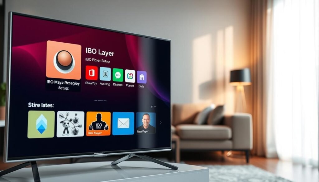 A visually engaging Smart TV app store listing interface for the IBO Player setup. In the foreground, showcase a sleek Smart TV displaying a vibrant app interface with the IBO Player prominently featured, featuring colorful icons and a user-friendly layout. The middle layer includes a cozy living room setting with a modern sofa and a stylish coffee table, reflecting a homey atmosphere. In the background, subtle lighting emanates from the TV, creating a warm glow and enhancing the ambiance. The scene captures a professional yet inviting mood, with soft shadows and a slightly angled view to emphasize the TV's screen. The overall composition evokes a sense of ease and accessibility for users setting up the IBO Player.